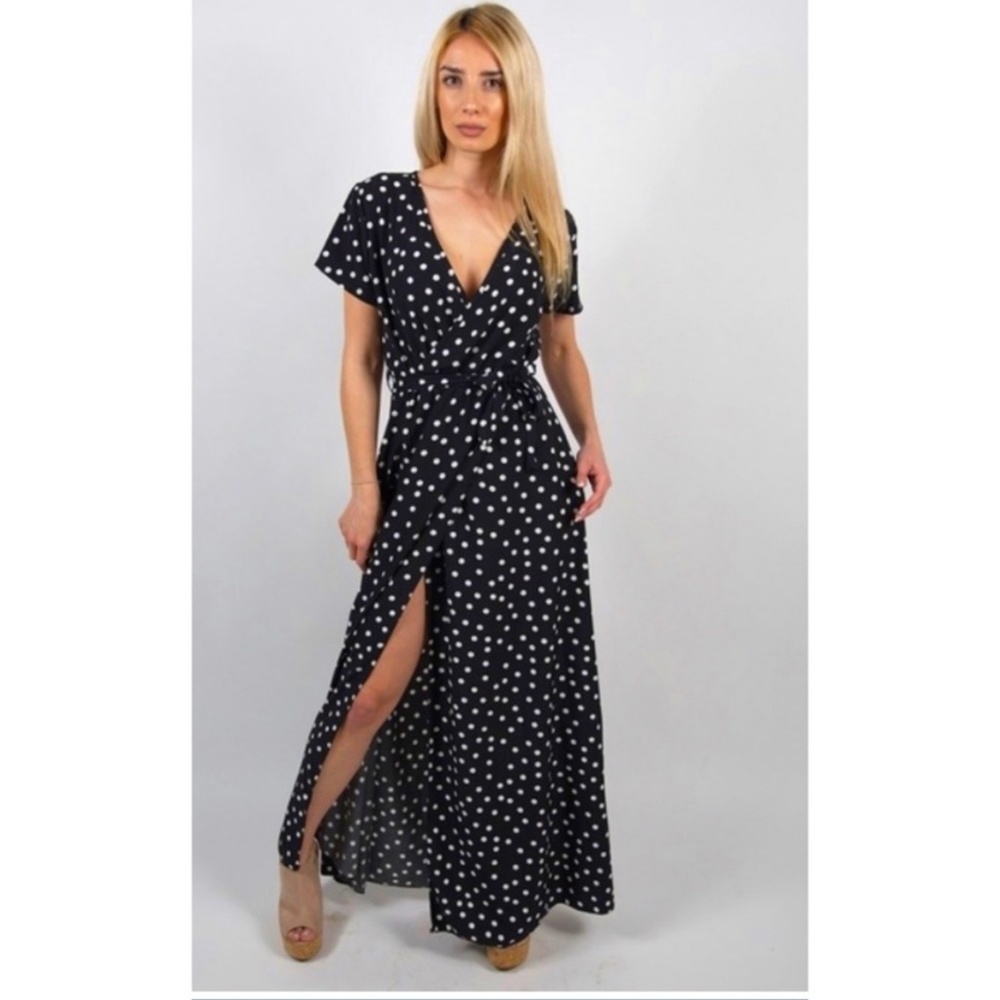 Women’s Black High Slit Polka Dot Maxi Dress Sz S - Picture 1 of 6